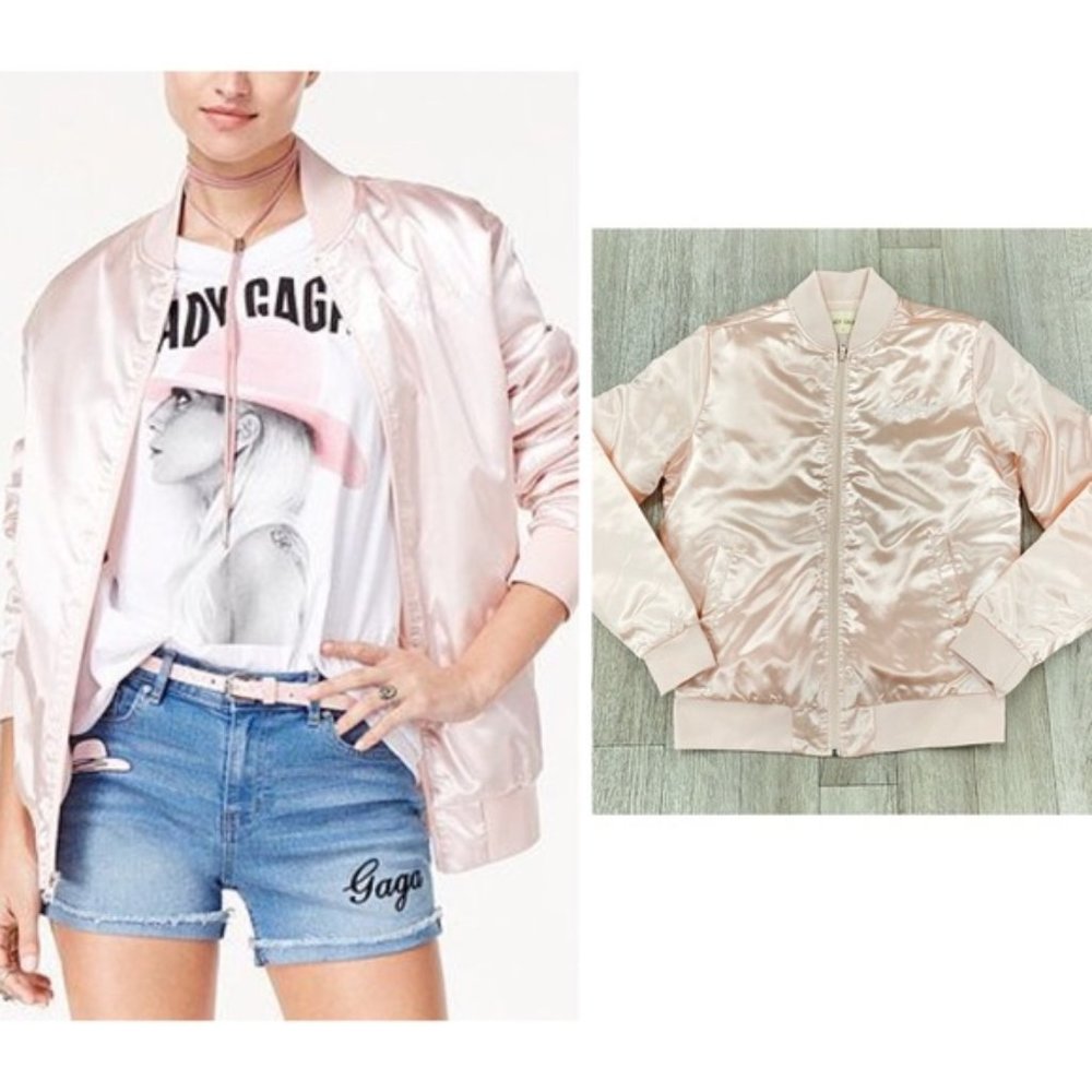 Lady Gaga Pink Satin Embroidered Varsity Jacket